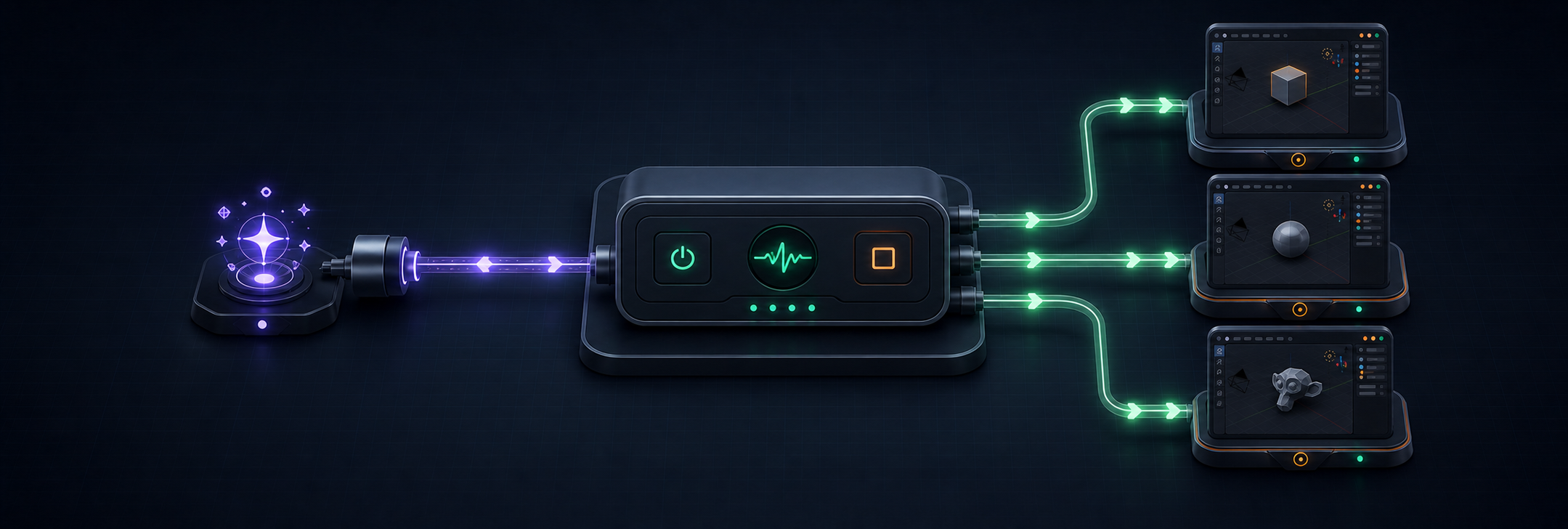 A local controller routing one agent connection to three isolated Blender sessions.